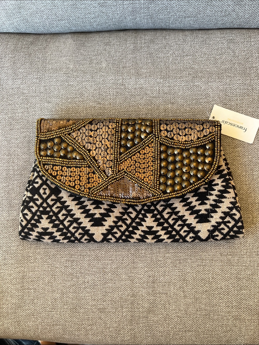 Francesca's Collections Black & Gold Beaded Aztec-Pattern Clutch